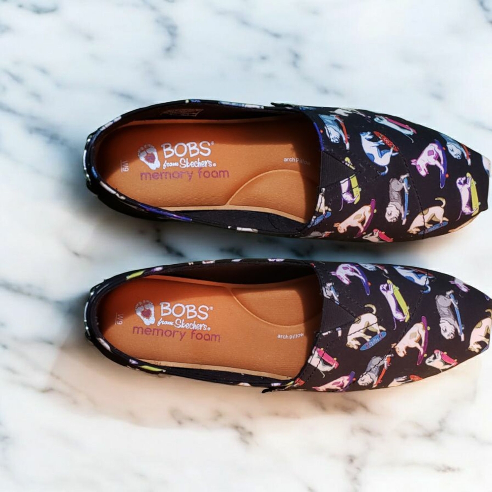 Skechers Black & Dog Print Flats Comfortable Slip-On Loafers